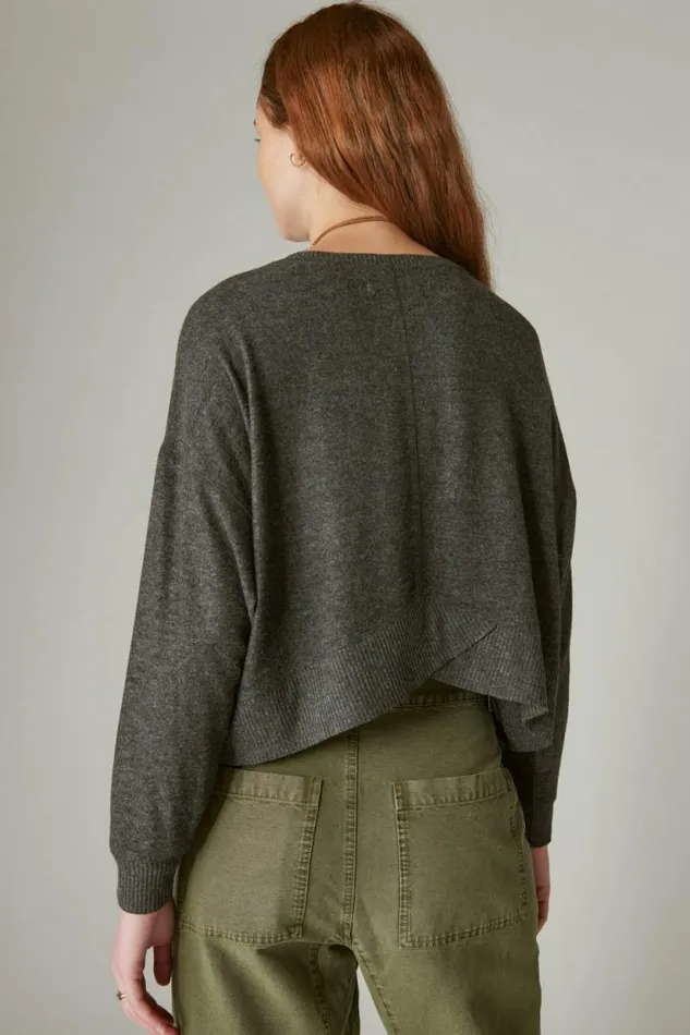 Lucky Brand Cloud Jersey Exposed Seam Top Charcoal Heather Women Activewear