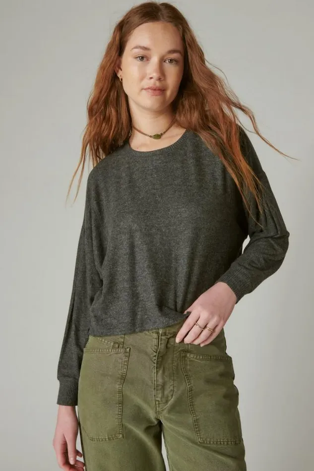 Lucky Brand Cloud Jersey Exposed Seam Top Charcoal Heather Women Activewear