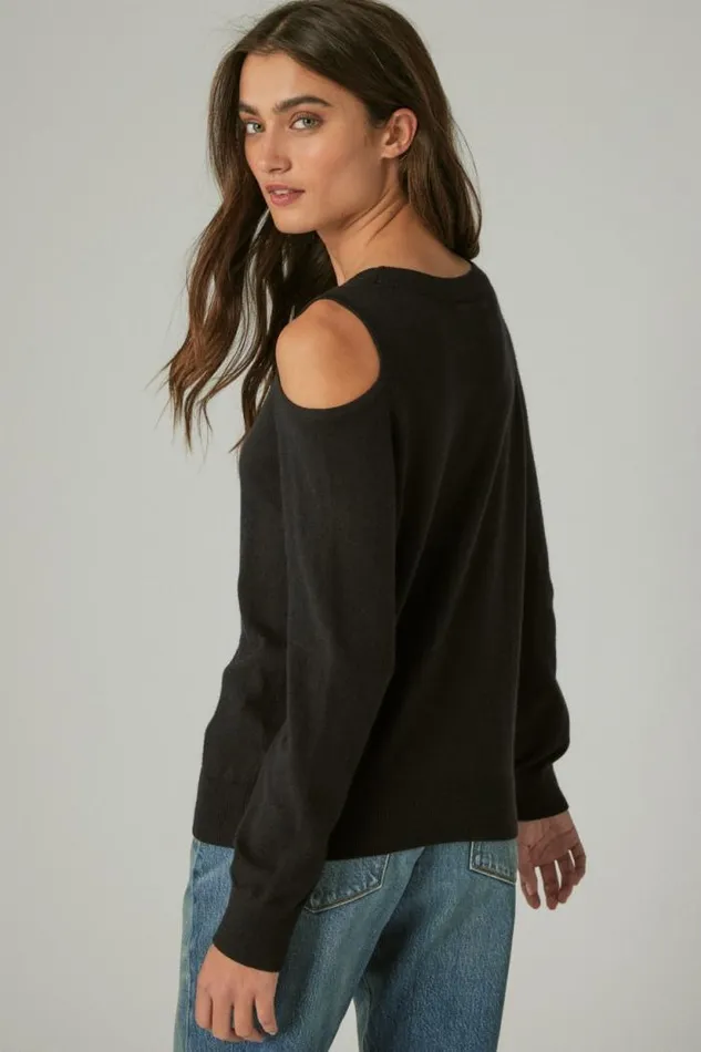 Lucky Brand Cloud Soft Cold Shoulder Sweater Jet Black Women Sweaters and Sweatshirts