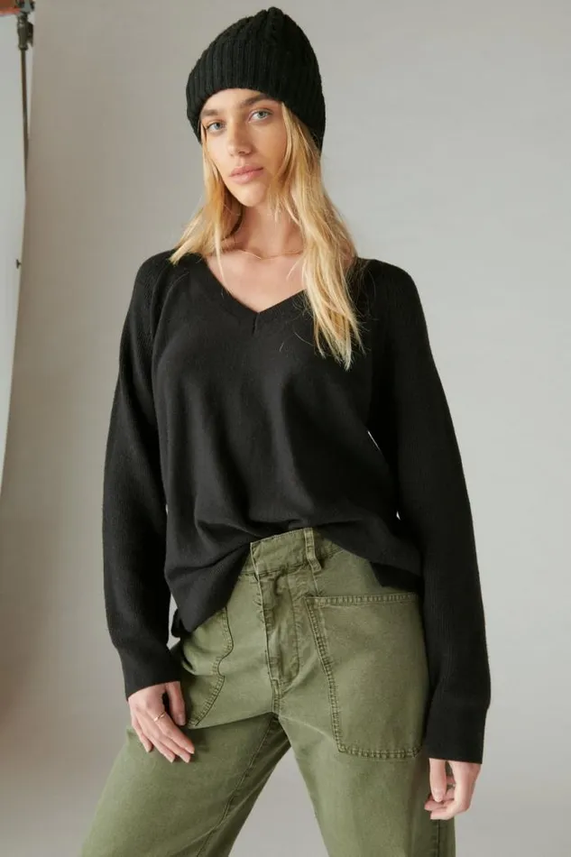 Lucky Brand Cloud Soft V Neck Sweater Black Women Sweaters and Sweatshirts