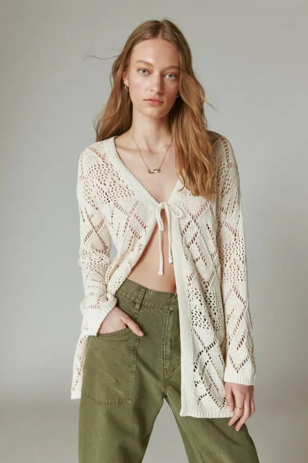 Lucky Brand Crochet Tie Front 34 Sleeve Cardigan Straw Heather Women Sweaters and Sweatshirts