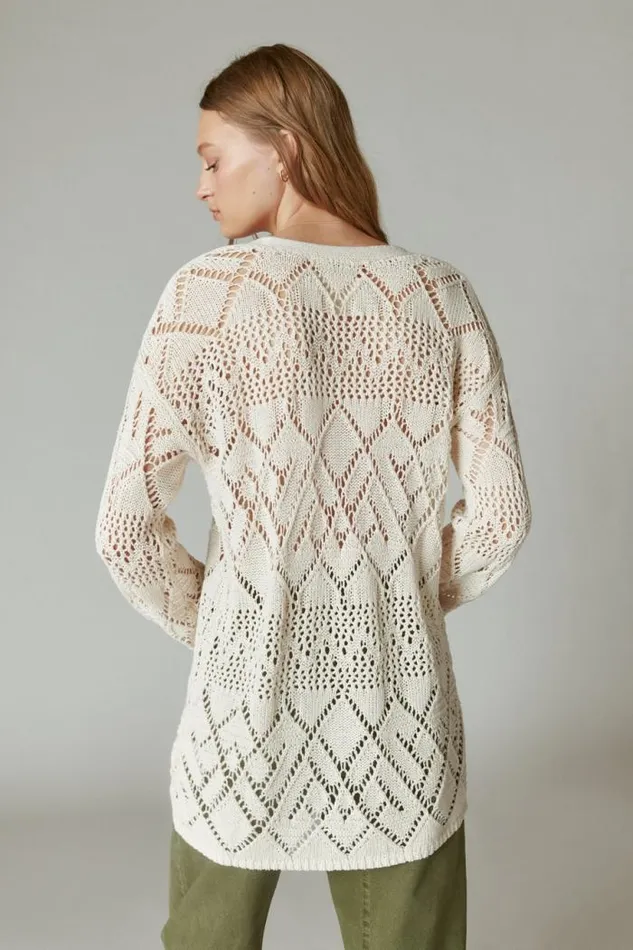 Lucky Brand Crochet Tie Front 34 Sleeve Cardigan Straw Heather Women Sweaters and Sweatshirts