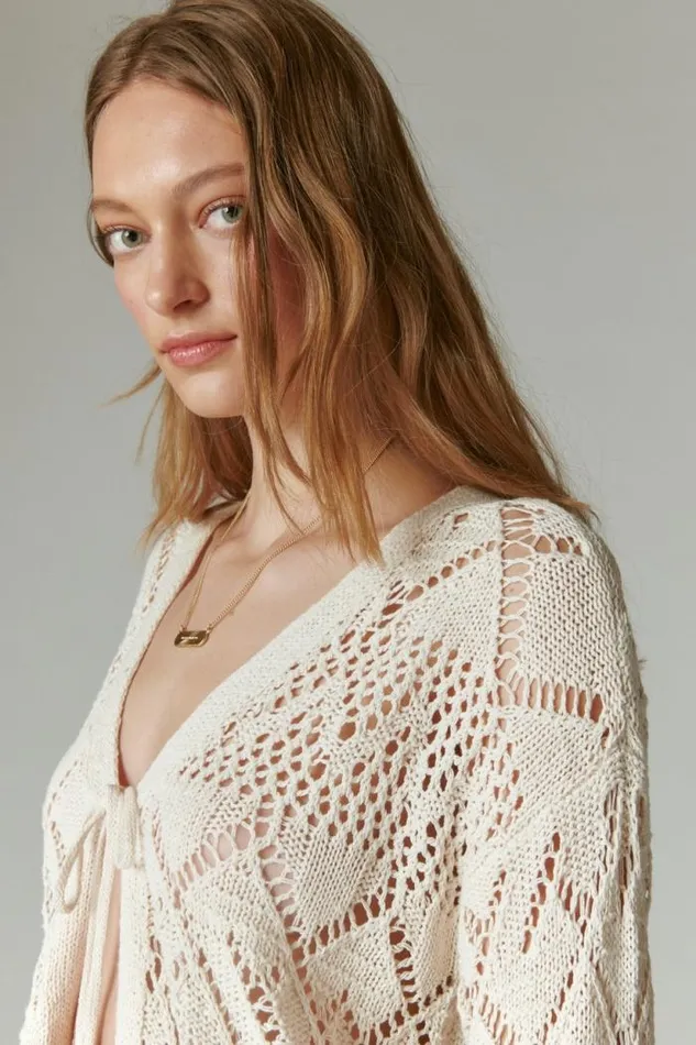 Lucky Brand Crochet Tie Front 34 Sleeve Cardigan Straw Heather Women Sweaters and Sweatshirts