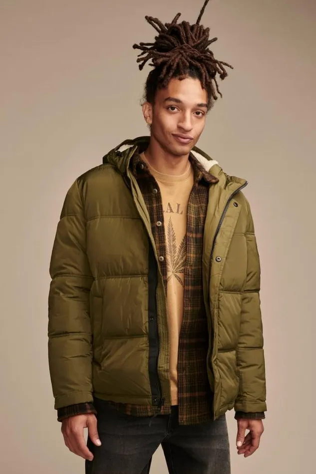 Lucky Brand Davis Hooded Puffer Medium Dark Green Men Jackets and Outerwear
