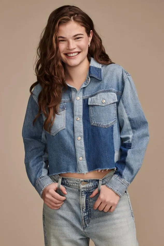 Lucky Brand Denim Patchwork Button Down Shirt Remix Women Blouses