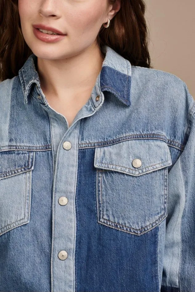 Lucky Brand Denim Patchwork Button Down Shirt Remix Women Blouses