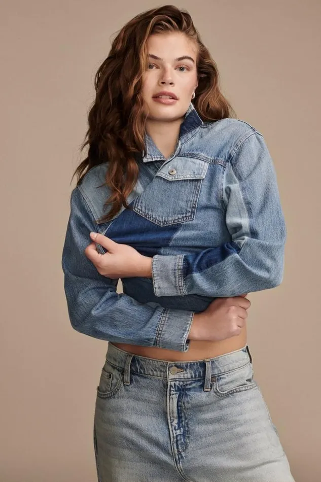 Lucky Brand Denim Patchwork Button Down Shirt Remix Women Blouses