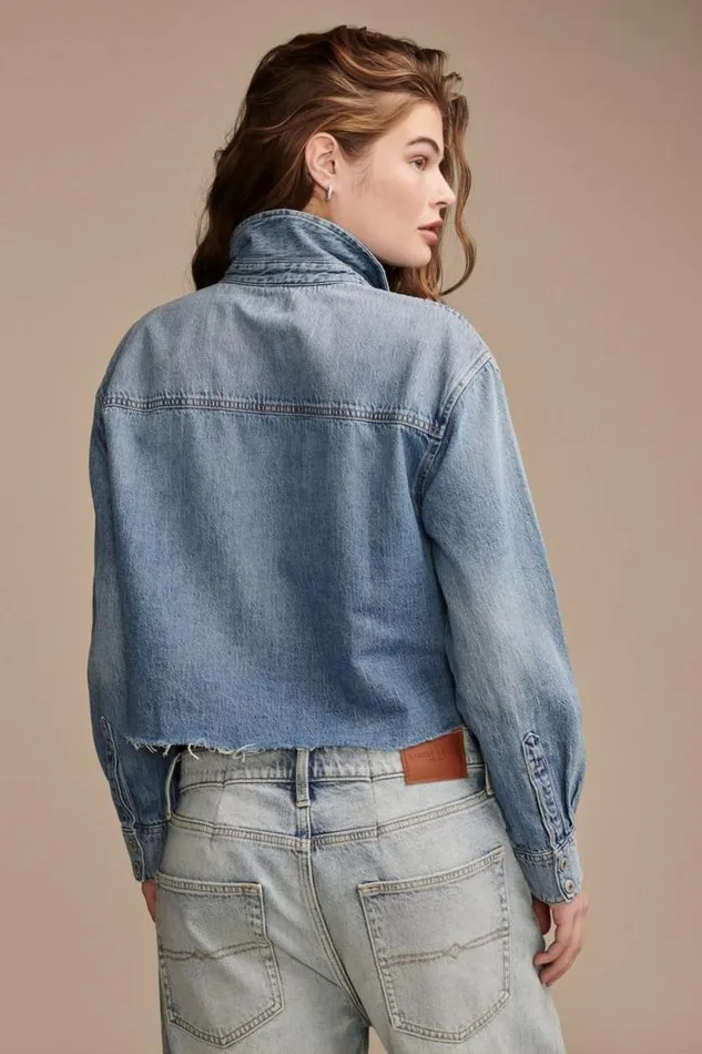 Lucky Brand Denim Patchwork Button Down Shirt Remix Women Blouses