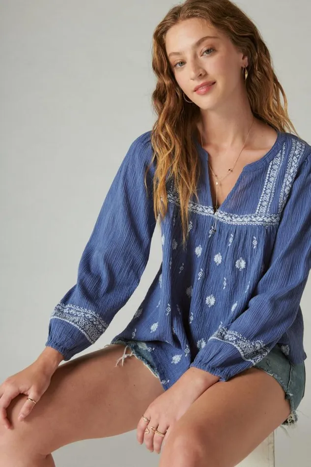 Lucky Brand Embroidered Popover Blouse Costal Blue Stripe Women All Tops