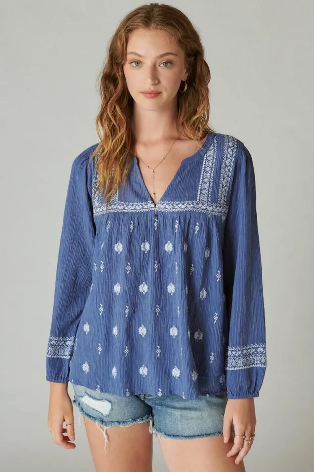 Lucky Brand Embroidered Popover Blouse Costal Blue Stripe Women All Tops