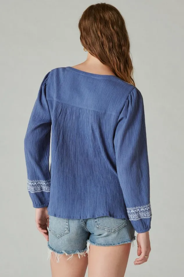 Lucky Brand Embroidered Popover Blouse Costal Blue Stripe Women All Tops