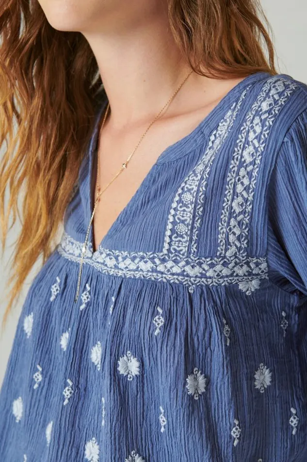 Lucky Brand Embroidered Popover Blouse Costal Blue Stripe Women All Tops