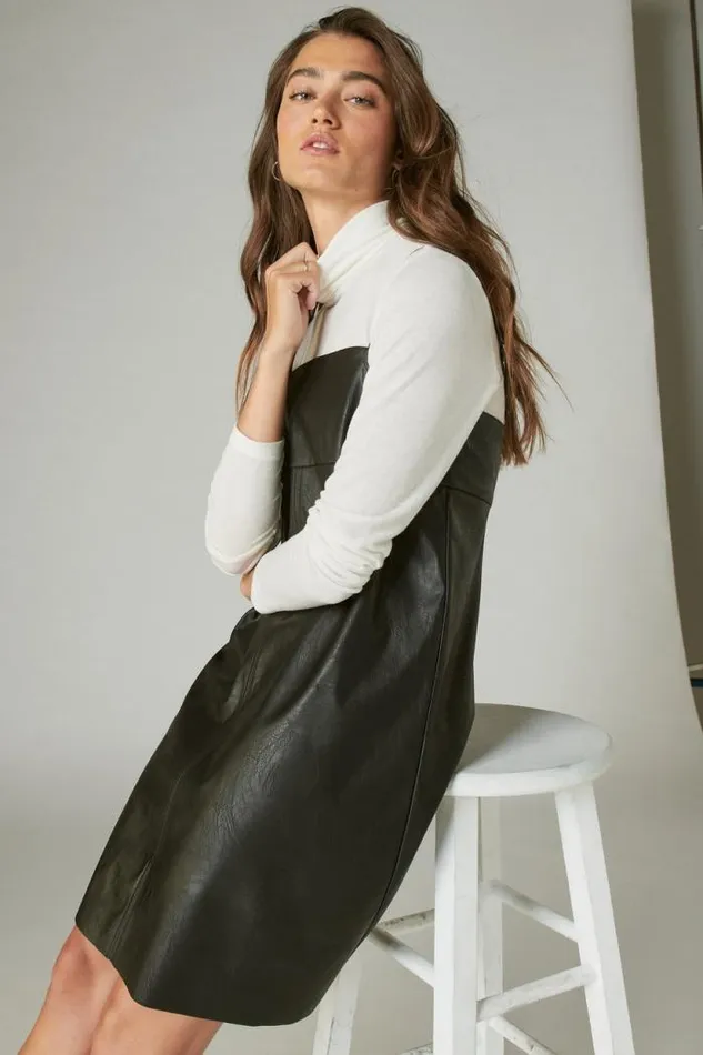Lucky Brand Faux Leather Babydoll Slip Dress Black Women Dresses