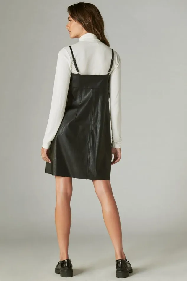 Lucky Brand Faux Leather Babydoll Slip Dress Black Women Dresses