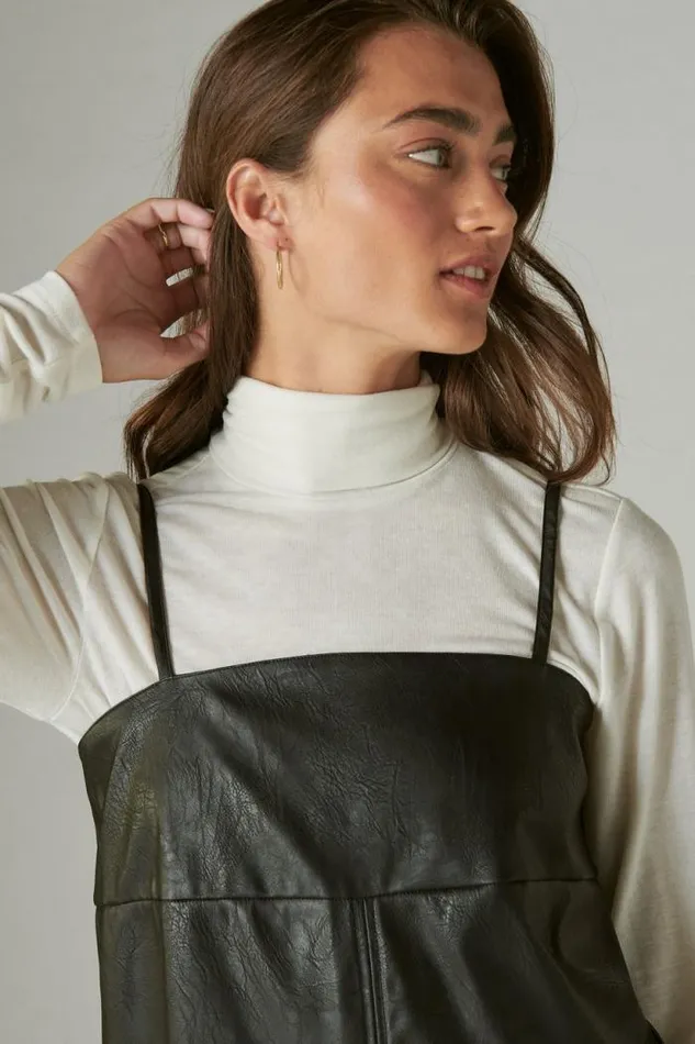 Lucky Brand Faux Leather Babydoll Slip Dress Black Women Dresses