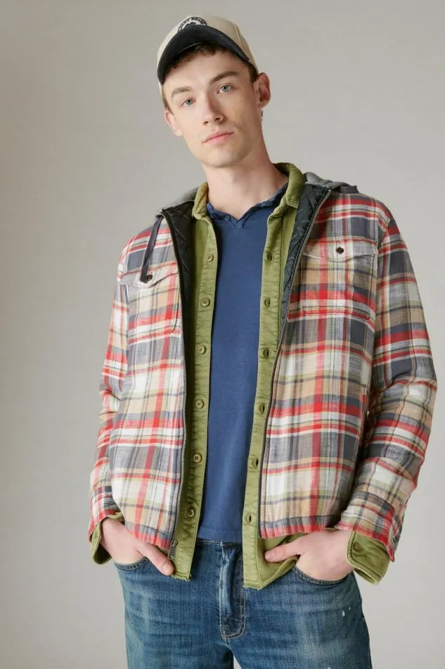 Lucky Brand Fleece Hood Long Sleeve Over Shirt Multi Plaid Men ButtonDowns