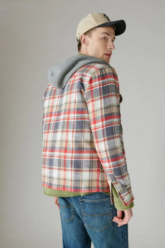 Lucky Brand Fleece Hood Long Sleeve Over Shirt Multi Plaid Men ButtonDowns