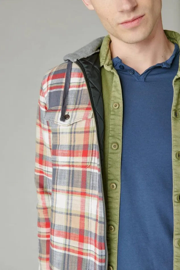 Lucky Brand Fleece Hood Long Sleeve Over Shirt Multi Plaid Men ButtonDowns