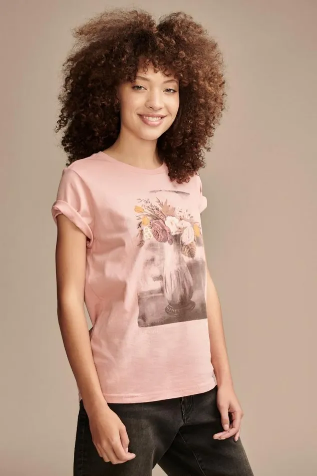 Lucky Brand Floral Vase Classic Crew Rose Tan Women Graphic Tees