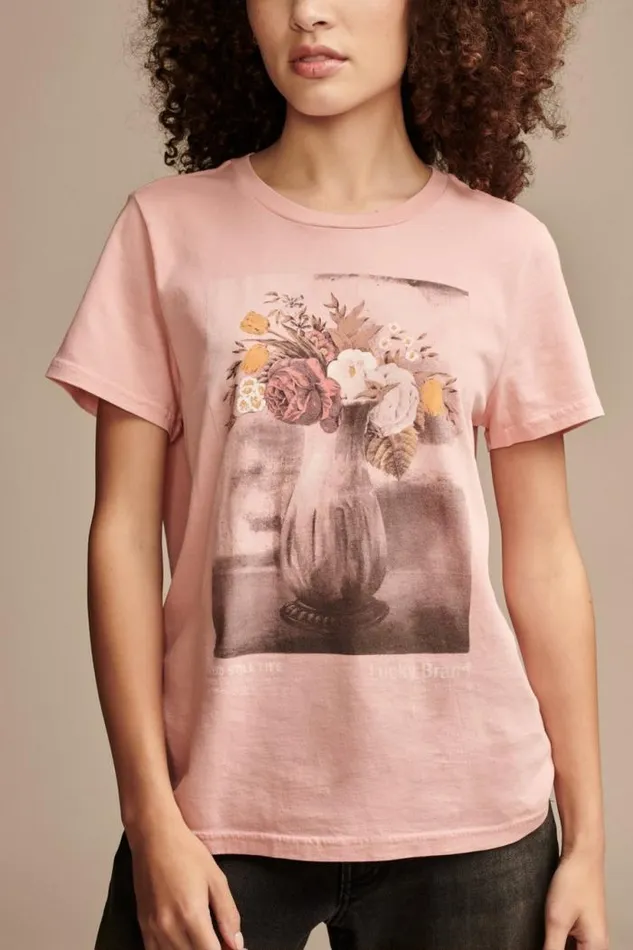 Lucky Brand Floral Vase Classic Crew Rose Tan Women Graphic Tees