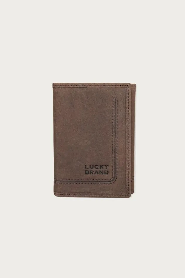 Lucky Brand Grooved Leather Trifold Wallet Dark Brown Men Bags and Wallets