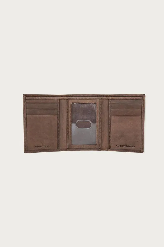 Lucky Brand Grooved Leather Trifold Wallet Dark Brown Men Bags and Wallets