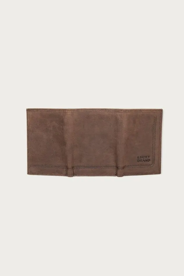 Lucky Brand Grooved Leather Trifold Wallet Dark Brown Men Bags and Wallets