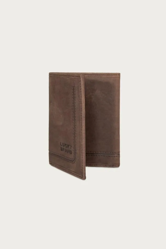 Lucky Brand Grooved Leather Trifold Wallet Dark Brown Men Bags and Wallets