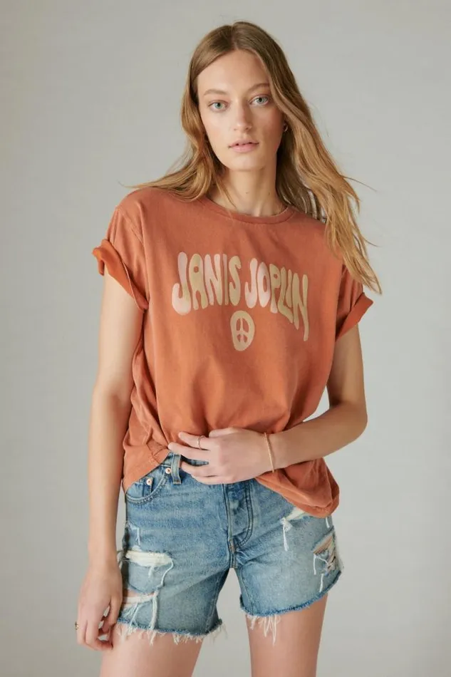 Lucky Brand Janis Joplin Peace Sign Boyfriend Tee Potters Clay Women Graphic Tees