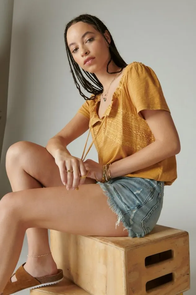 Lucky Brand Lace Peasant Bubble Top Inca Gold Women All Tops