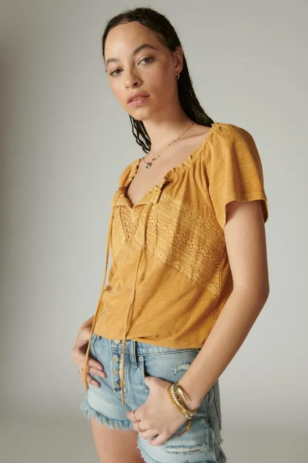 Lucky Brand Lace Peasant Bubble Top Inca Gold Women All Tops