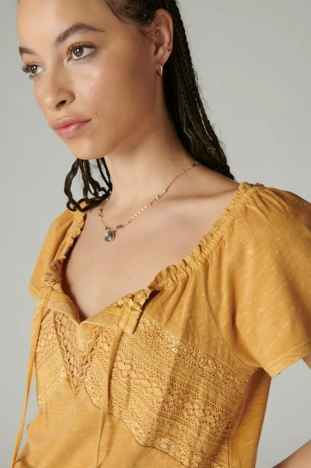 Lucky Brand Lace Peasant Bubble Top Inca Gold Women All Tops