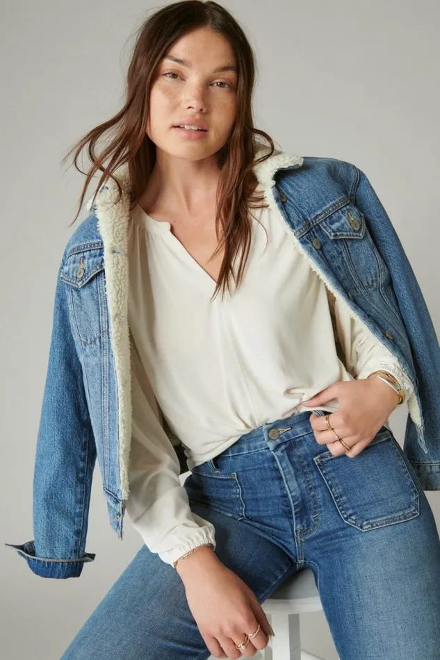Lucky Brand Long Sleeve Notched Neck Sandwash Top Ethereal White Women All Tops