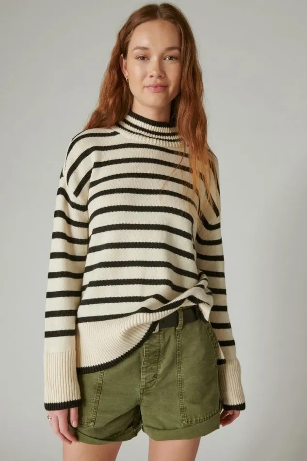Lucky Brand Mock Neck Tunic Whitecap Grey Black Women All Tops