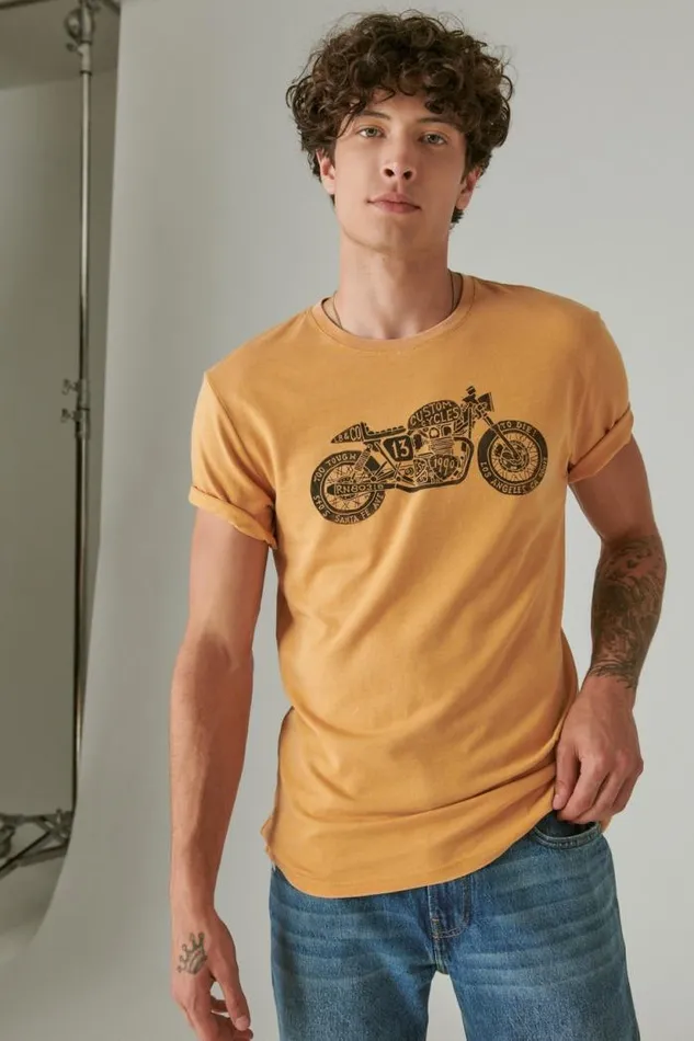 Lucky Brand Moto Bike Spruce Yellow Men Graphic Tees