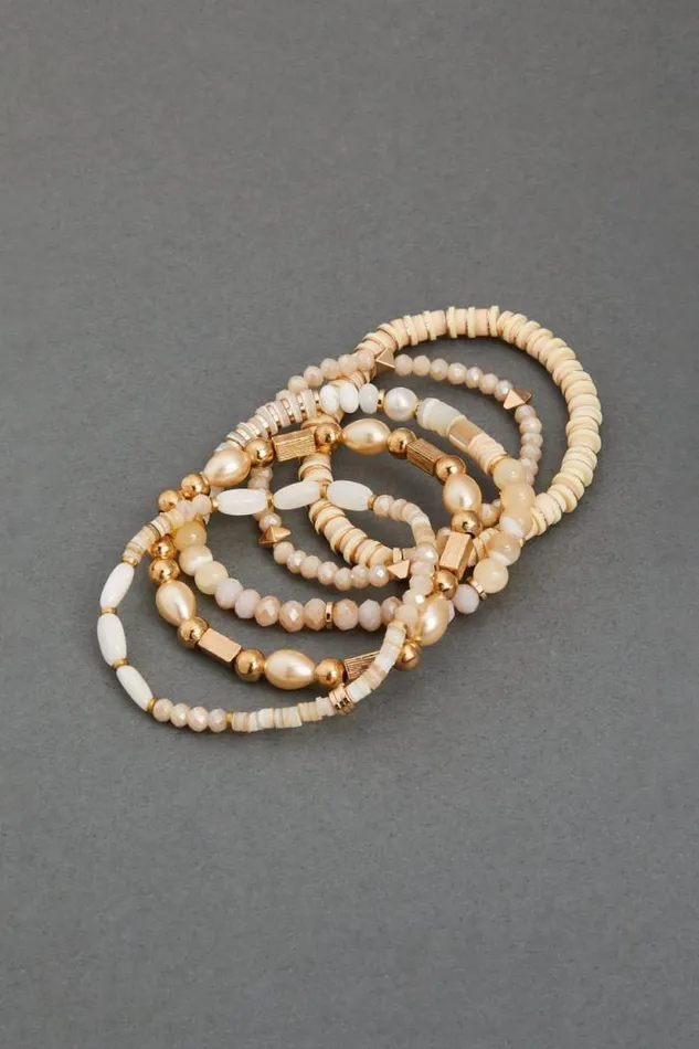 Lucky Brand Natural Beaded Bracelet Set Two Tone Women Jewelry