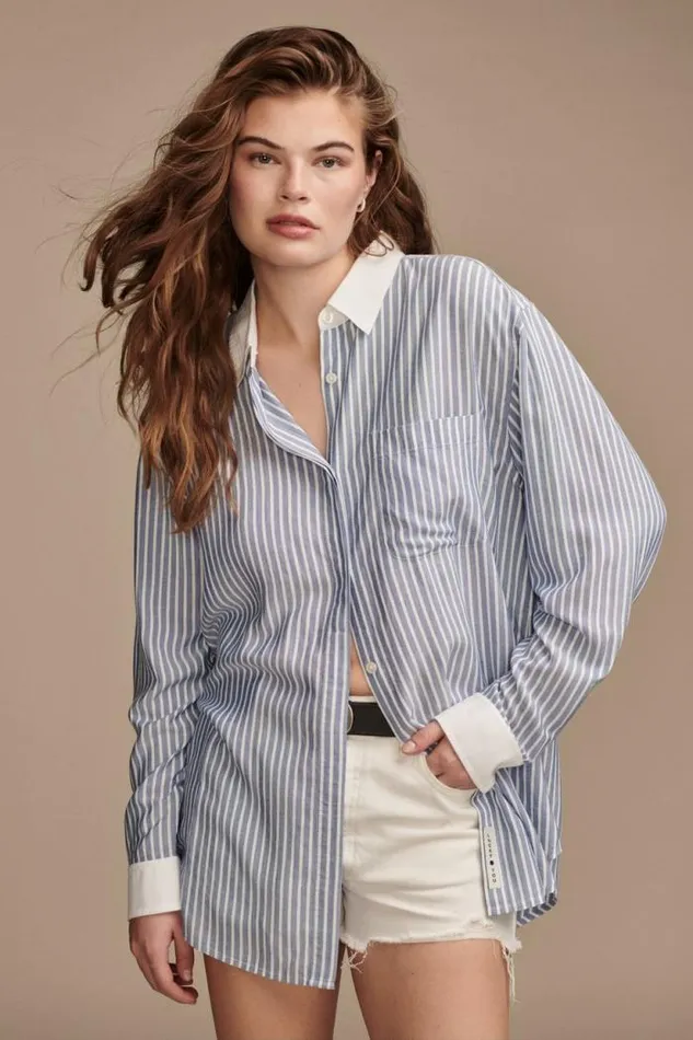 Lucky Brand Oversized Drapey Button Down Blue Stripe Mix Women Blouses