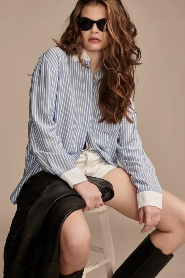 Lucky Brand Oversized Drapey Button Down Blue Stripe Mix Women Blouses