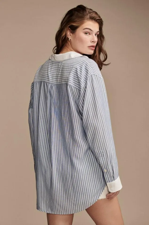 Lucky Brand Oversized Drapey Button Down Blue Stripe Mix Women Blouses