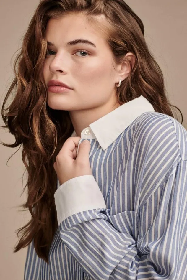 Lucky Brand Oversized Drapey Button Down Blue Stripe Mix Women Blouses