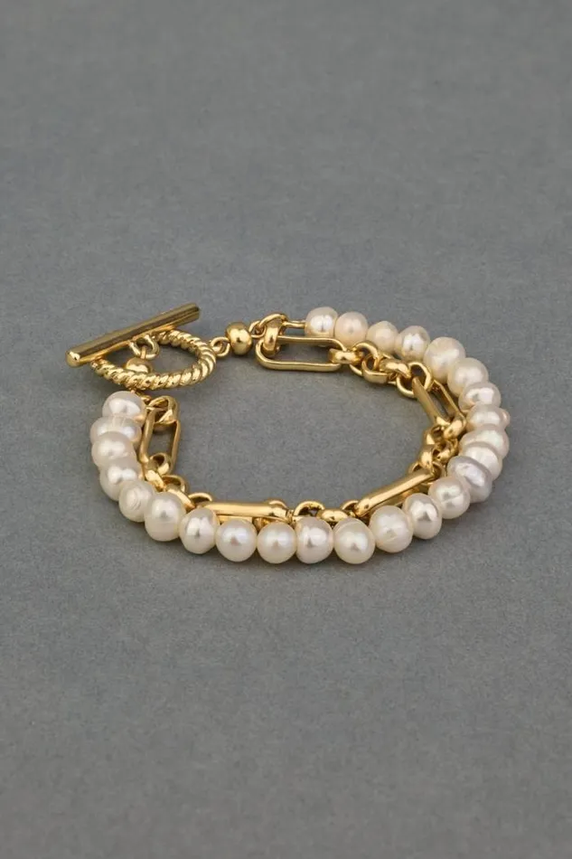 Lucky Brand Pearl Chain Layer Toggle Bracelet Gold Women Jewelry