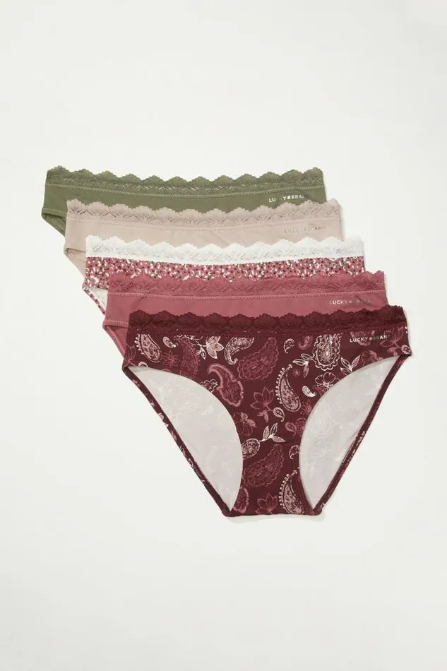 Lucky Brand Pretty Paisley Lace Bikini 5 Pk Light Red Women Intimates and Sleepwear Lucky Brand Pretty Paisley Lace Bikini 5 Pk Light Red Women Intimates and Sleepwear