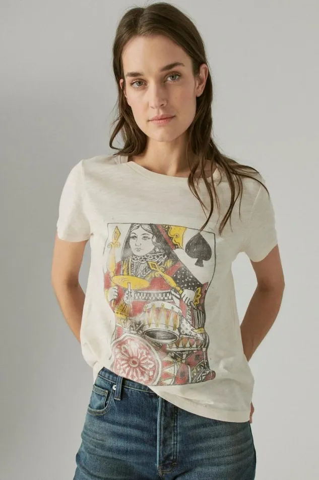 Lucky Brand Queen Of Spades Classic Crew Soft Pink Women Graphic Tees