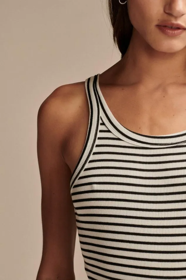 Lucky Brand Ribbed Essential Tank White Black Stripe Women Knit Tops