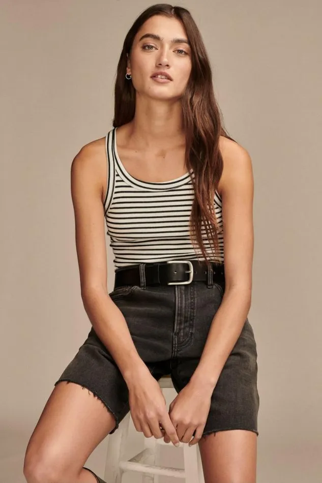 Lucky Brand Ribbed Essential Tank White Black Stripe Women Knit Tops