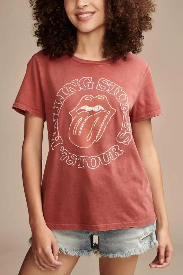 Lucky Brand Rolling Stone 78 Tour Classic Crew Brick Red Women Graphic Tees
