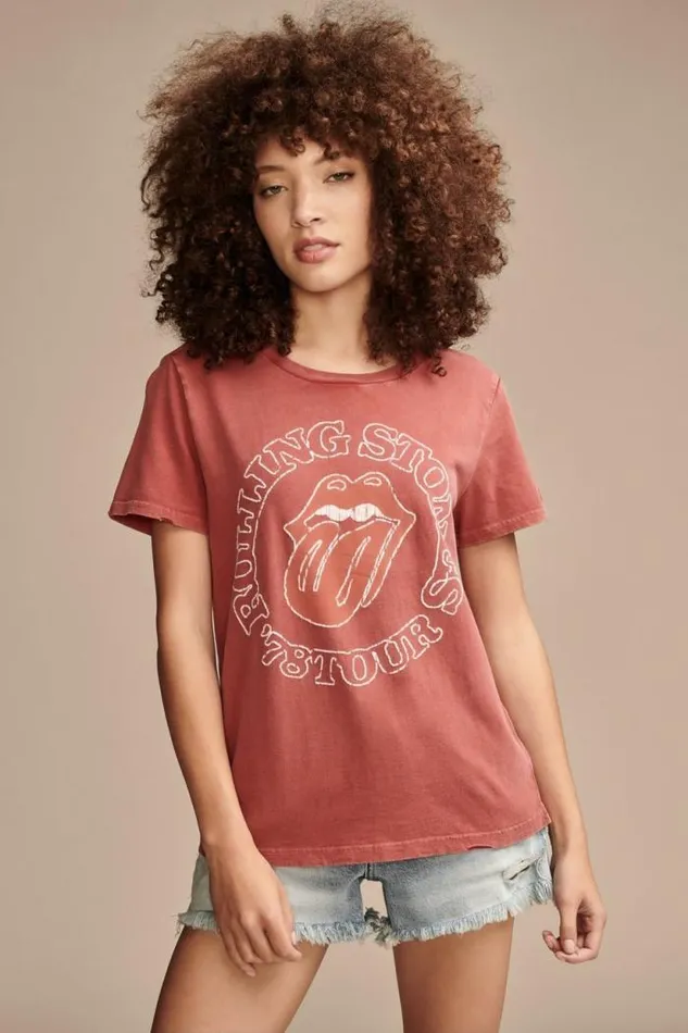 Lucky Brand Rolling Stone 78 Tour Classic Crew Brick Red Women Graphic Tees