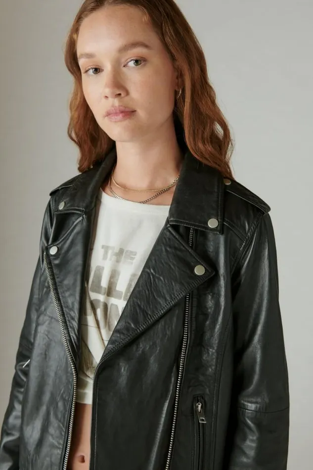 Lucky Brand Rolling Stones Leather Moto Jacket Black Women Jackets and Outerwear