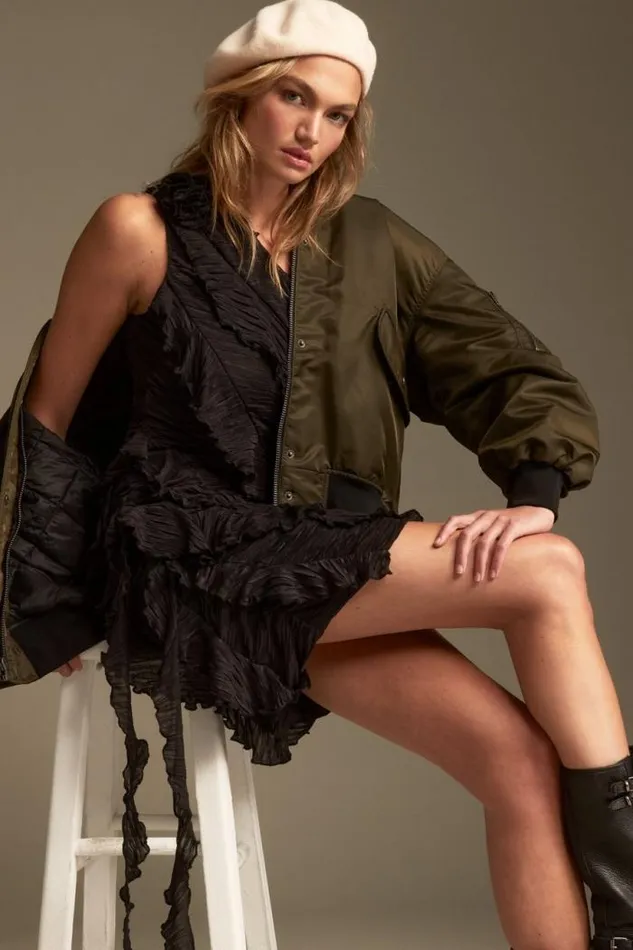Lucky Brand Ruffled One Shoulder Mini Dress Black Women Dresses