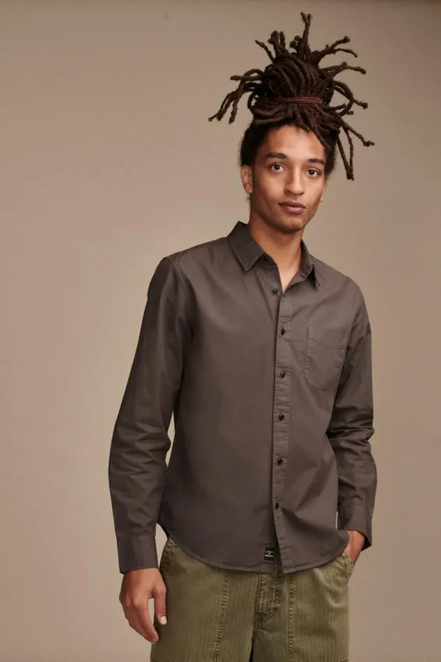 Lucky Brand Rumpled Poplin One Pocket Long Sleeve Shirt Raven Men Suit Separates